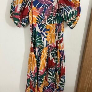 FARM Rio Orange Red Puff Sleeve Sundress